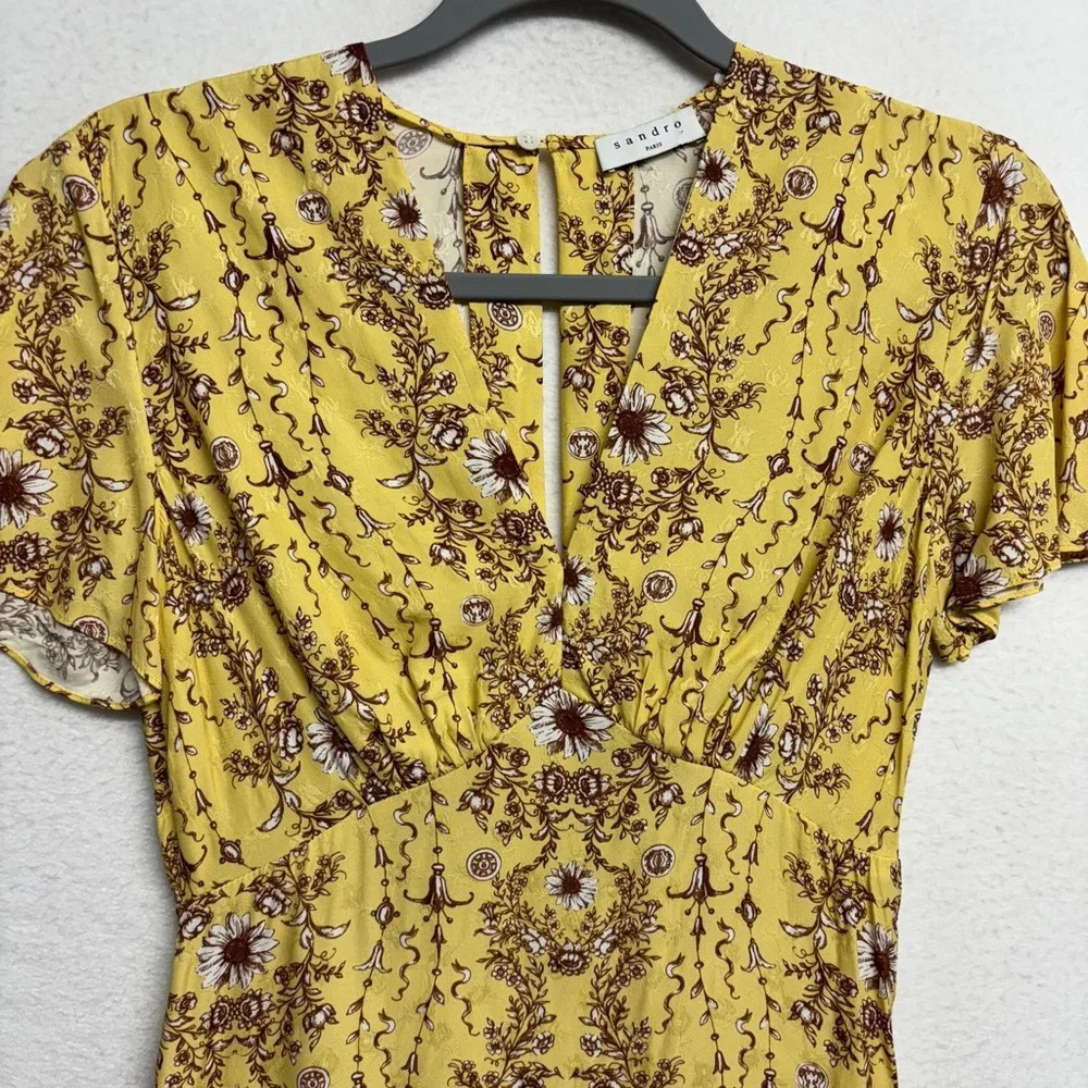 SANDRO Esther Cutout Floral Jaquard Midi‎ Dress in Yellow Cottagecore Prarie 34 - Picture 8 of 14